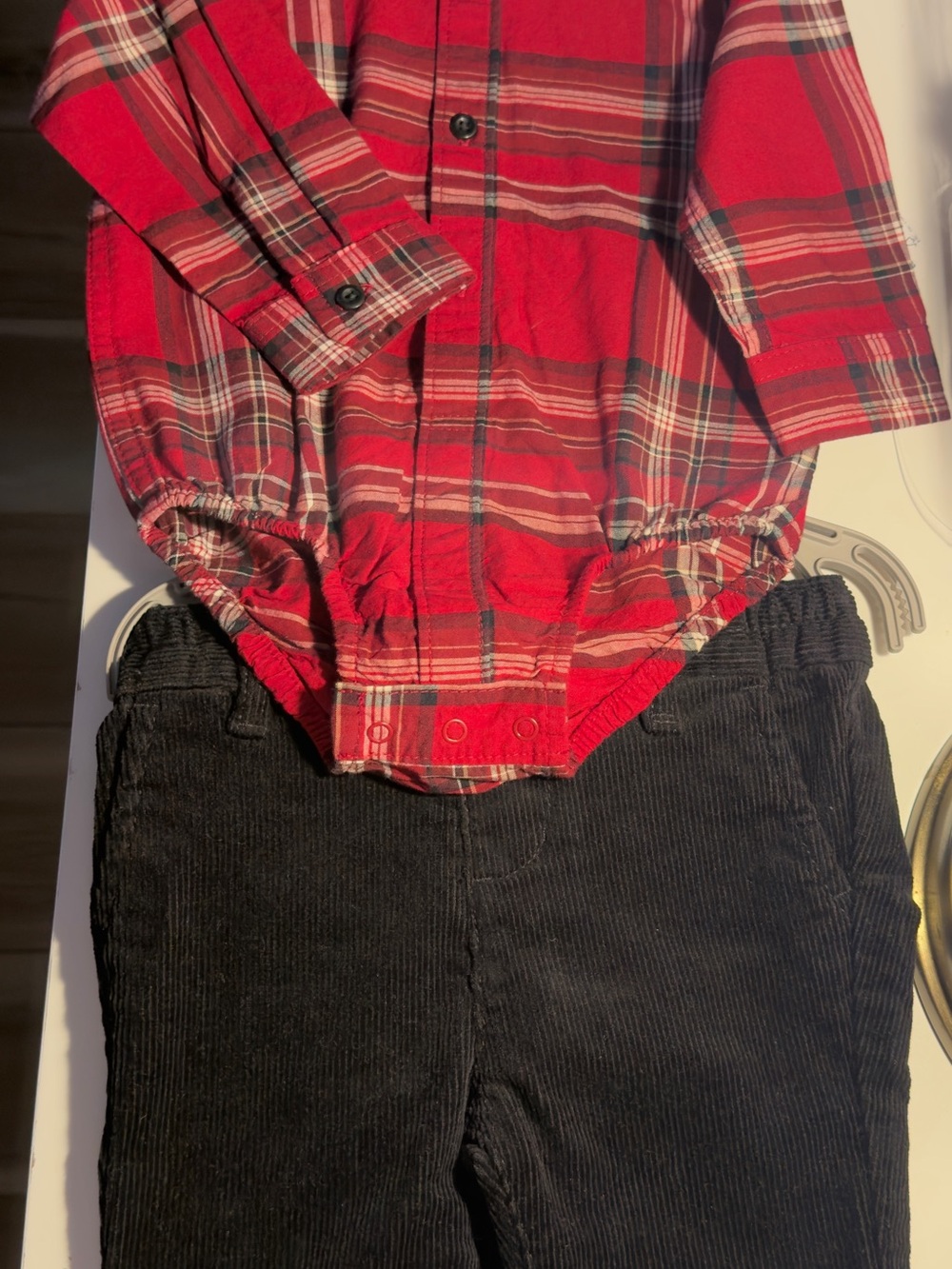 The Children's Place Red Plaid Bodysuit with Black Corduroy Jeans
